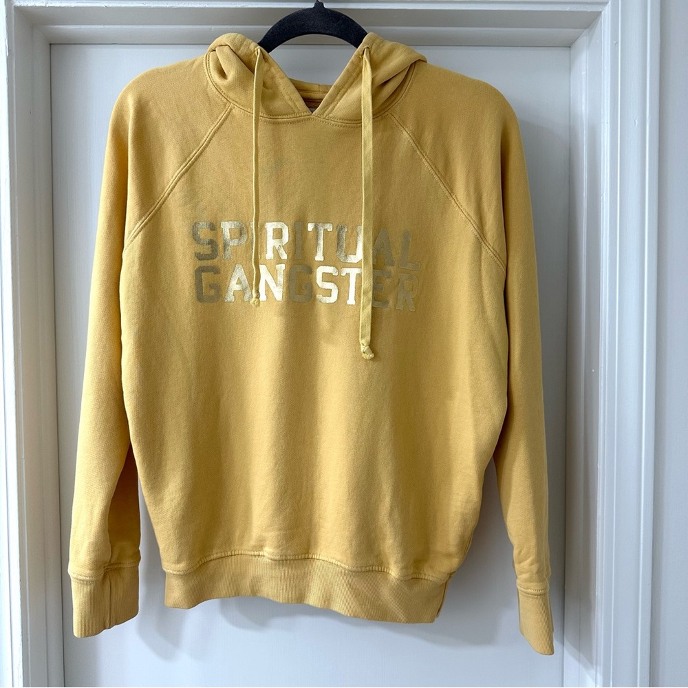 Spiritual Gangster Mustard Hoodie Sweatshirt with Shiny Metallic Logo, Size XS